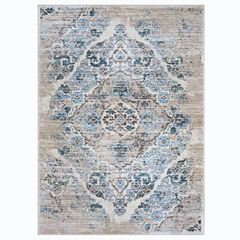 Cream and Blue 9' x 12' Oriental Synthetic Area Rug