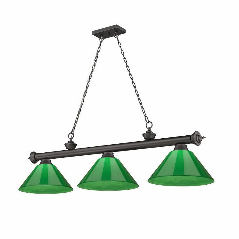 Elegant Bronze 3-Light Billiard Pendant with Green Glass Shades