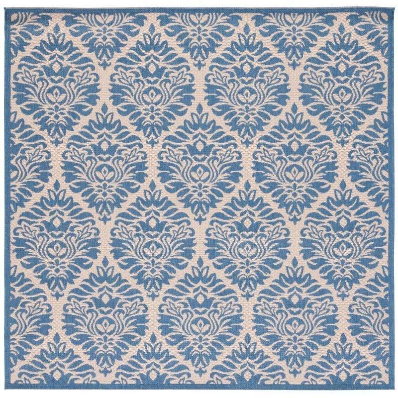 Cream and Blue Geometric Synthetic Square Area Rug 79" x 79"