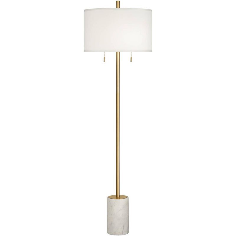 Gold Metal Floor Lamp with White Linen Shade and Marble Base