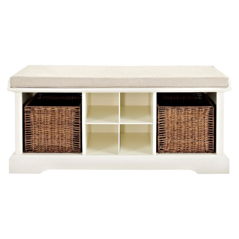 White Rustic Entryway Storage Bench with Wicker Baskets