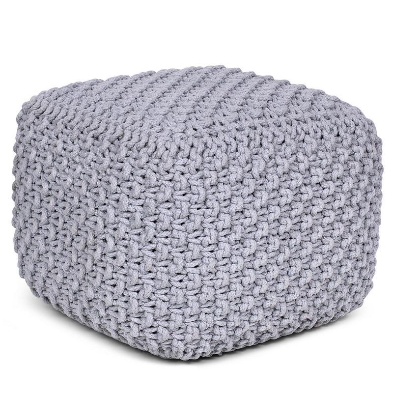 Gray Hand-Knitted Cotton Square Pouf Ottoman