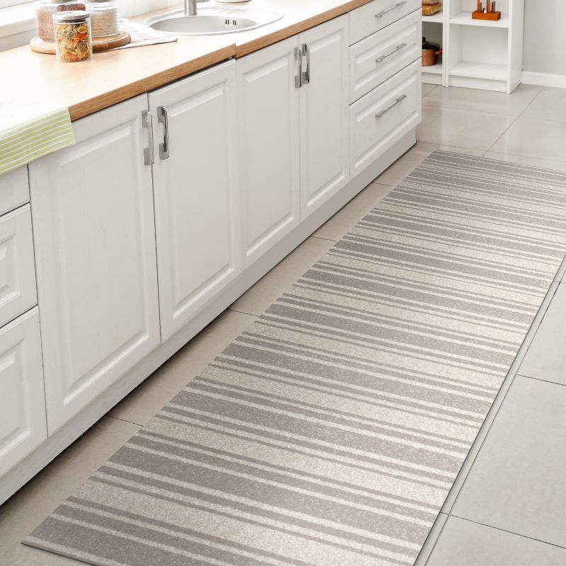 Cream and Light Gray Striped Washable Runner Rug