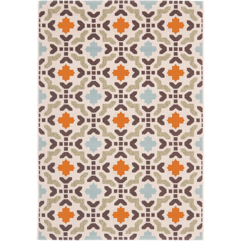 Cream and Terracotta Rectangular Easy-Care Outdoor Rug