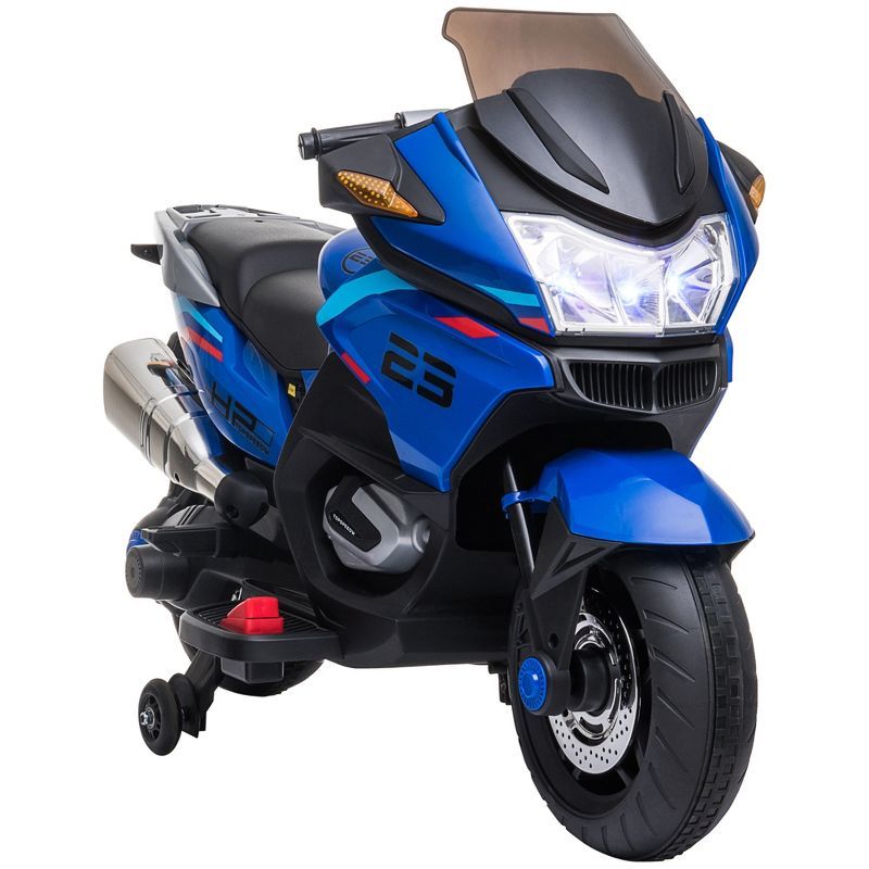 Blue 12V Kids Motorcycle with Training Wheels and Lights