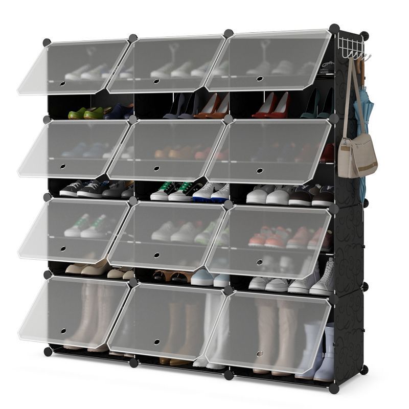 Black Metal and Plastic 12-Cube Shoe Rack Organizer