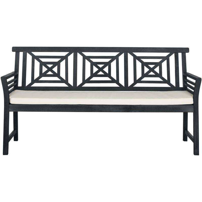 Ash Grey Acacia Wood 3-Seat Outdoor Bench with Beige Cushion