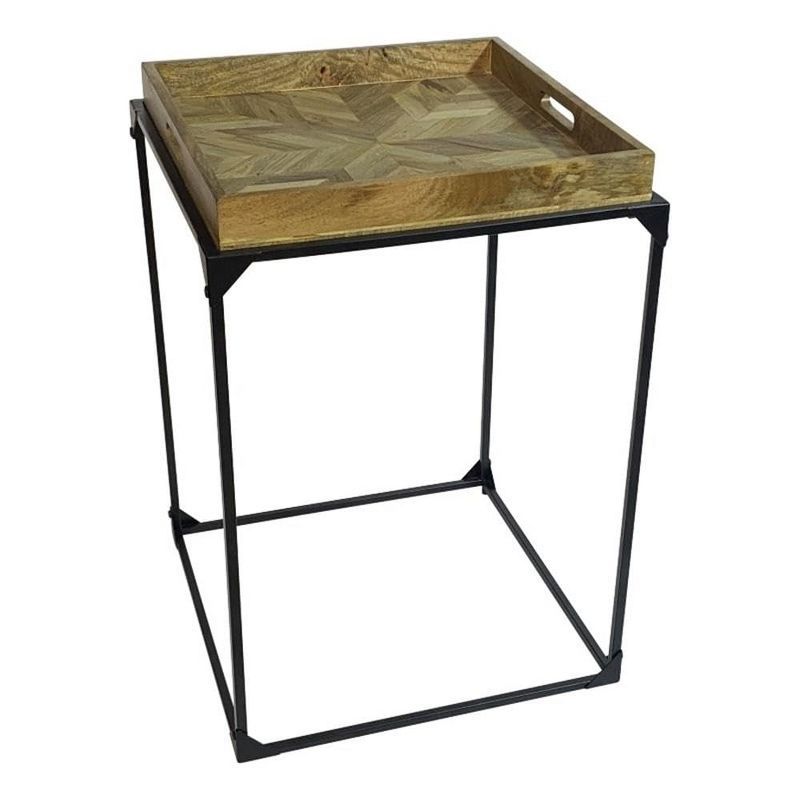 Cooper 20" Black Metal Frame Tray Table with Natural Wood Inlay