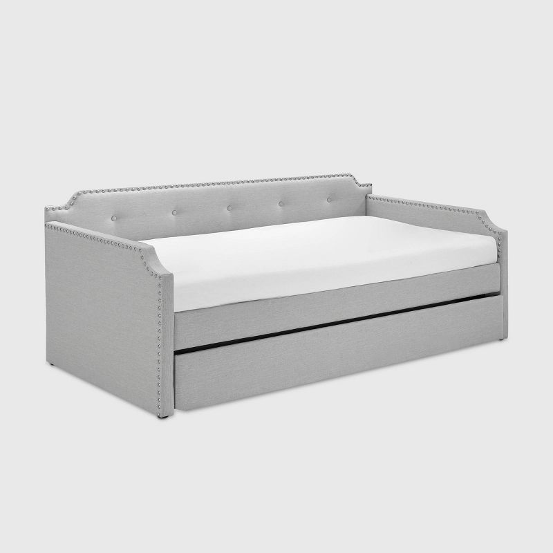 Bella Beige Upholstered Twin Daybed with Trundle and Nailhead Trim