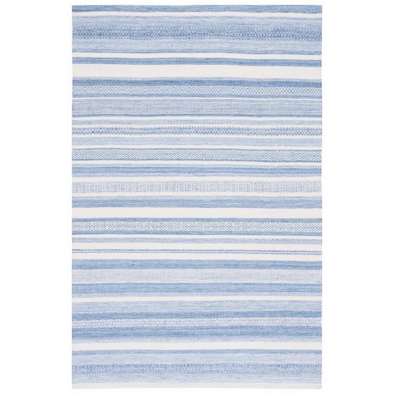 Ivory and Blue Striped 4' x 6' Flat Woven Wool Rug