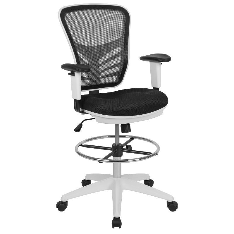 ErgoFlex Black Mesh Drafting Chair with Adjustable Arms and White Frame