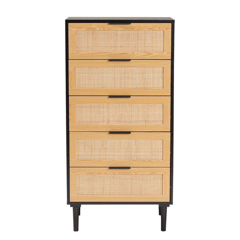 Mid-Century Espresso Brown Wood & Rattan 5-Drawer Chest