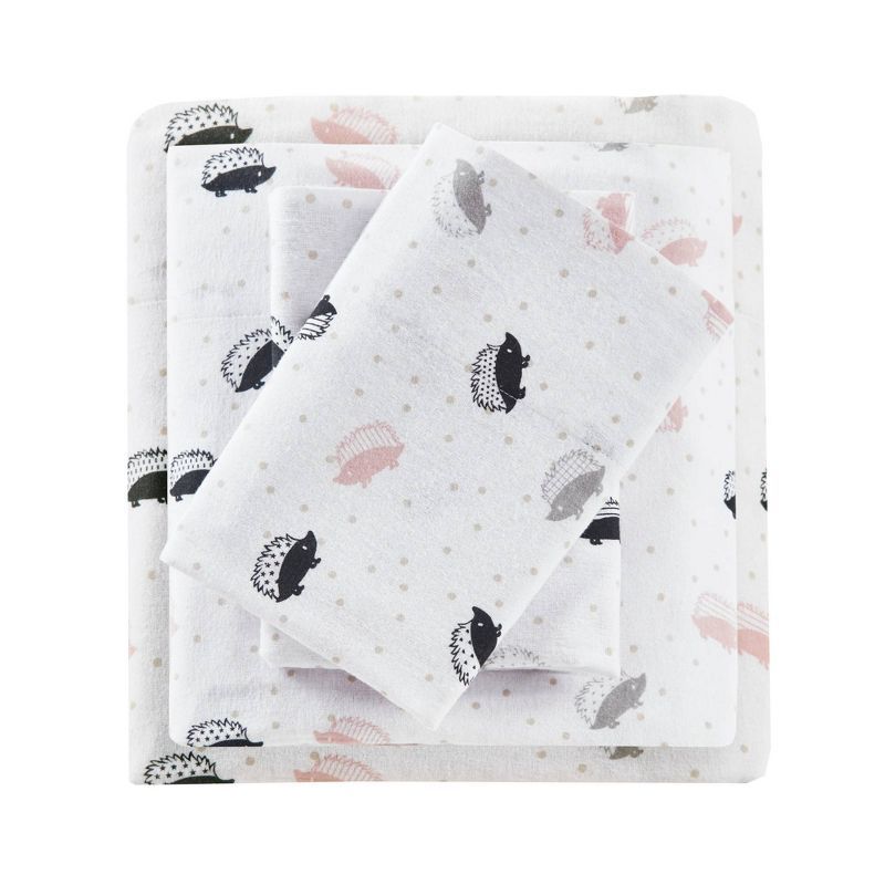 Gray and Pink Hedgehog Print Cotton Flannel Twin Sheet Set