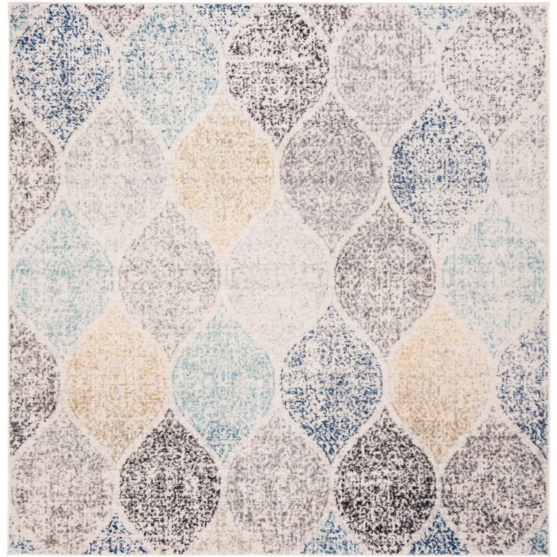 Ivory and Blue Square Synthetic Stain-Resistant Area Rug