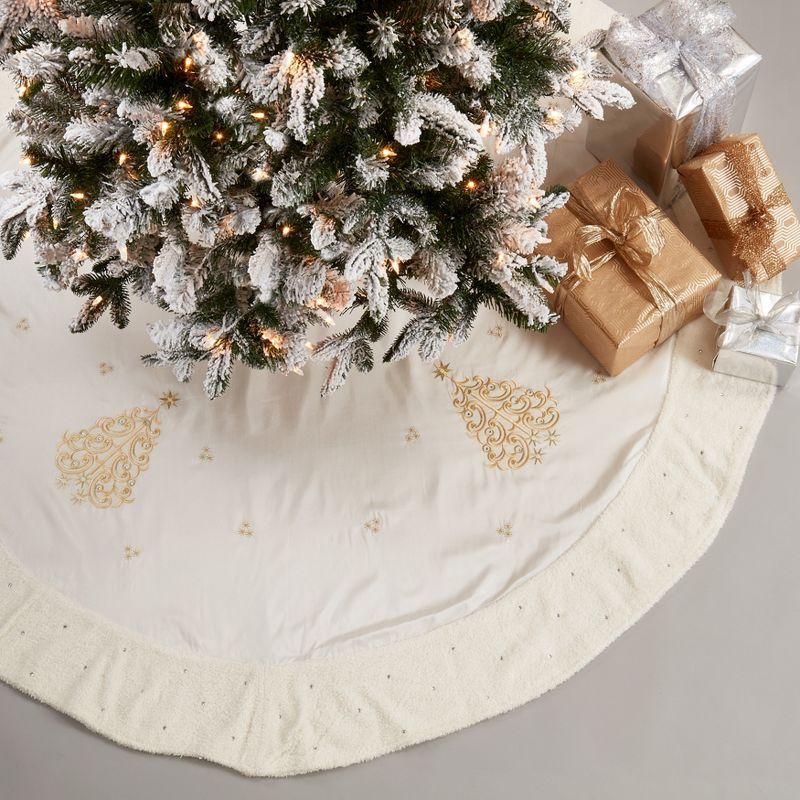 Gold Embroidered Holiday Tree Skirt, 84-Inch Round