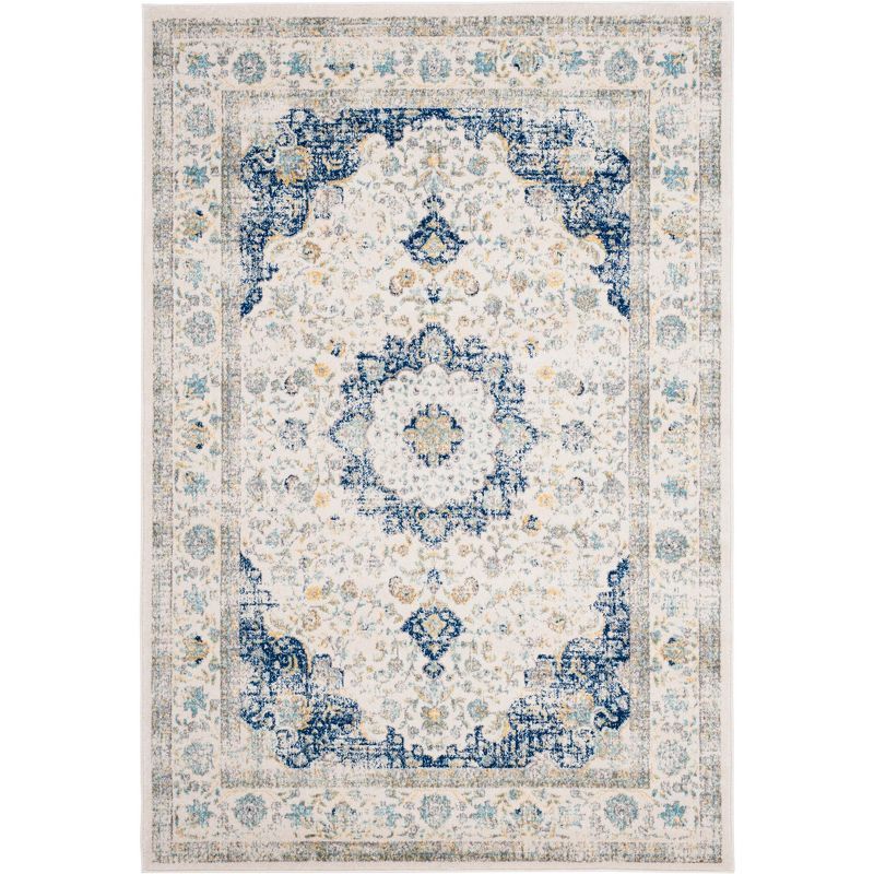 Ivory and Blue High Pile Floral Area Rug