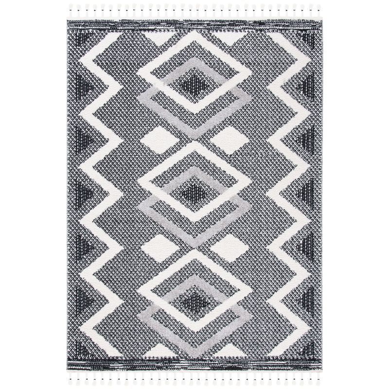 Ivory and Black Diamond Pattern Shag Area Rug with Braided Fringe