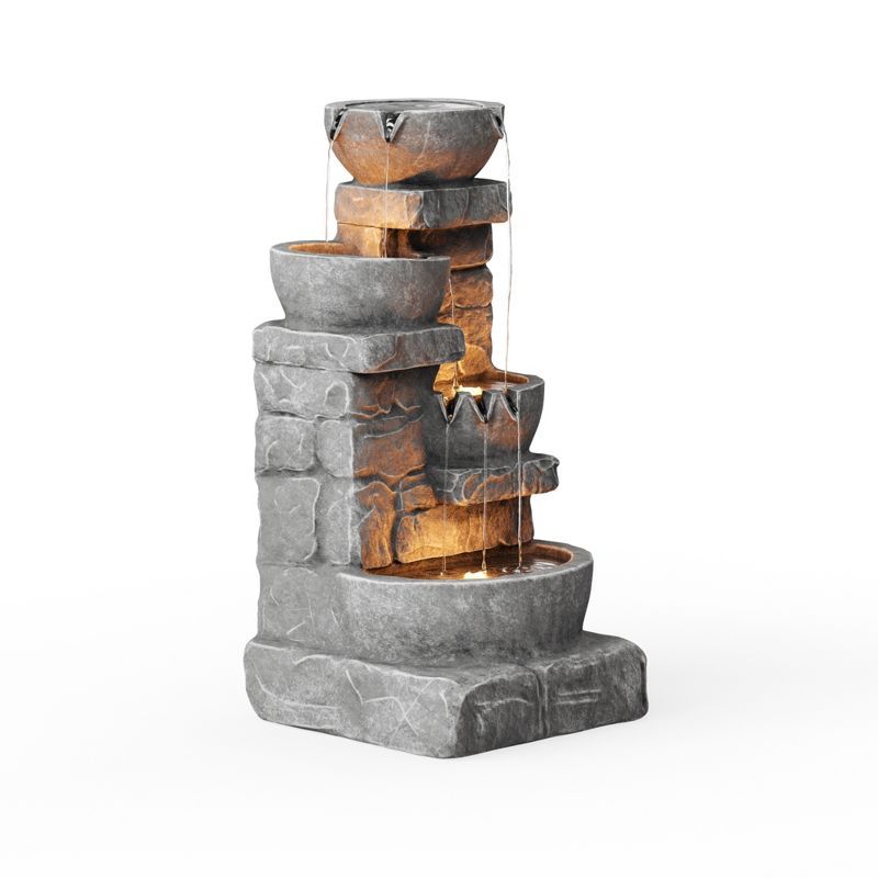 Stone Gray Cascading Bowls and Stacked Stones LED Outdoor Fountain