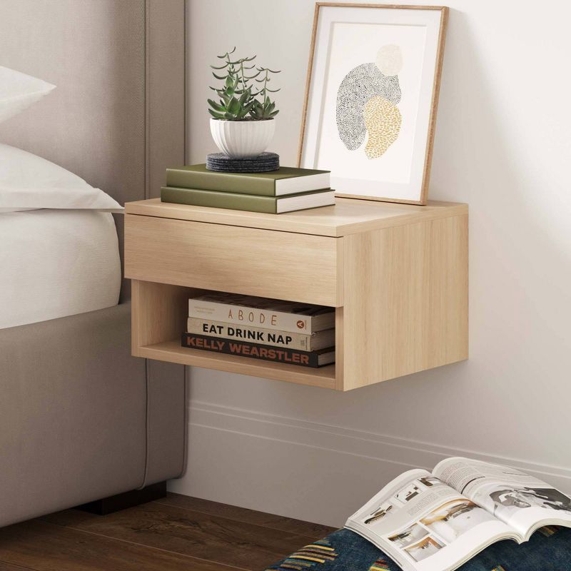 Light Oak Floating Wall-Mount Nightstand with Drawer and Shelf