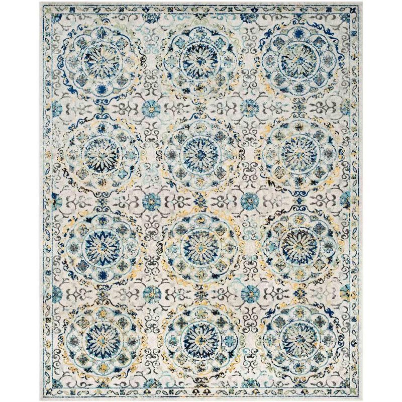 Ivory and Blue High Pile Floral Medallion Area Rug