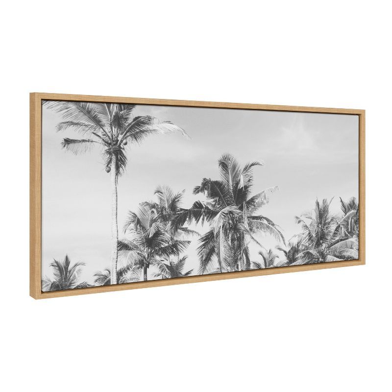 Coastal Black and White Palm Tree Canvas Print with Natural Frame