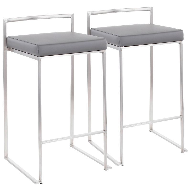 Modern Stainless Steel Counter Stools with Grey Faux Leather Cushion - Set of 2