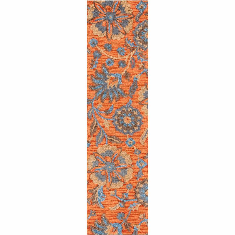 Rust and Blue Floral Wool Runner Rug