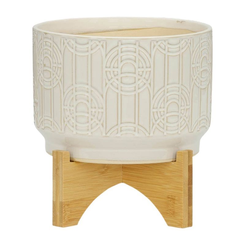 White Ceramic Planter with Bamboo Stand, 7-inch