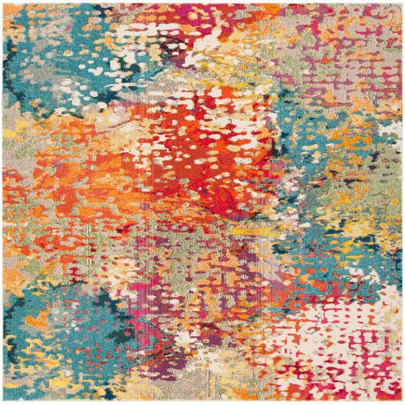 Ivory and Multicolor Square Synthetic Area Rug