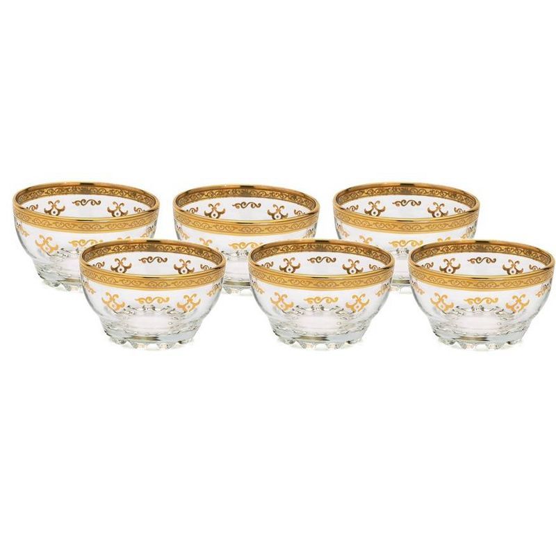 Elegant Glass Dessert Bowls with Gold Artwork, Set of 6