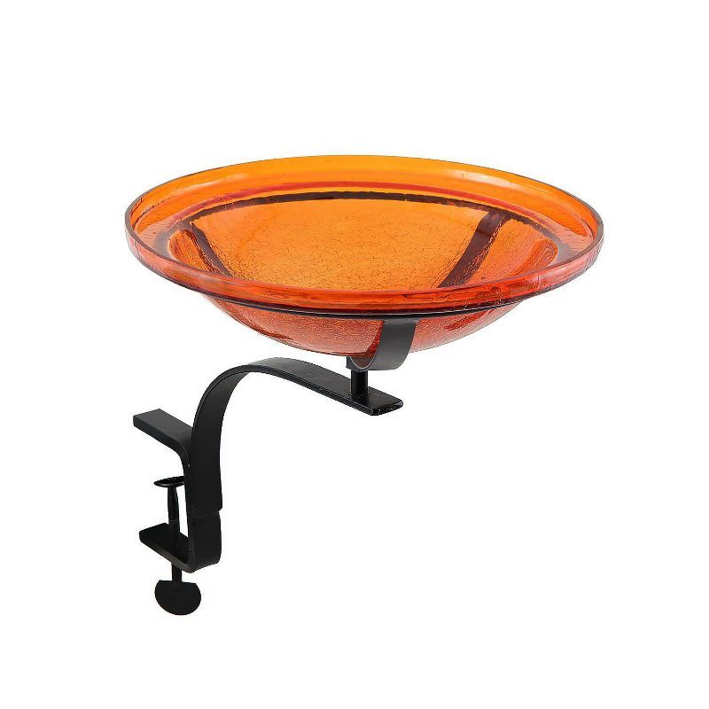 Mandarin Orange Crackle Glass Birdbath with Rail Mount Bracket