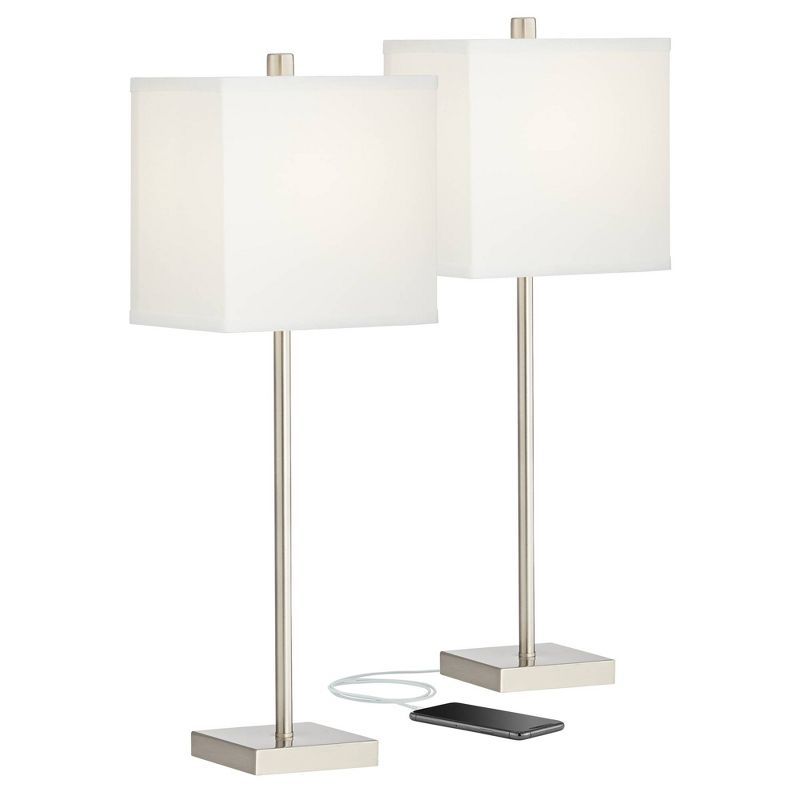 Brushed Nickel Table Lamps with White Square Shades and USB Ports