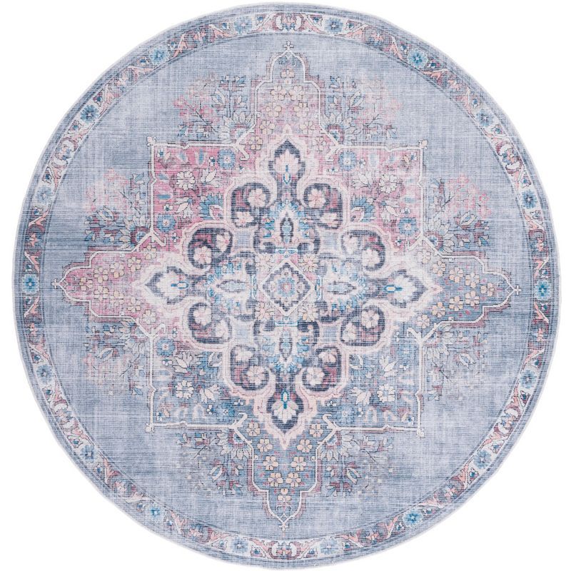 Ivory and Blue Round Washable Viscose Area Rug