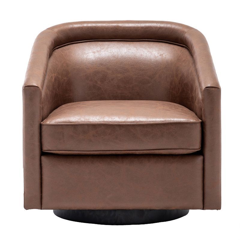 Walnut Faux Leather Swivel Barrel Chair with Metal Base