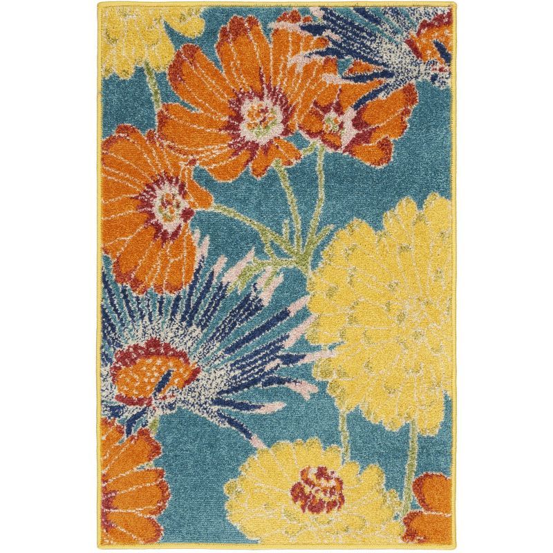 Turquoise Multicolor Floral Synthetic 2' x 3' Area Rug