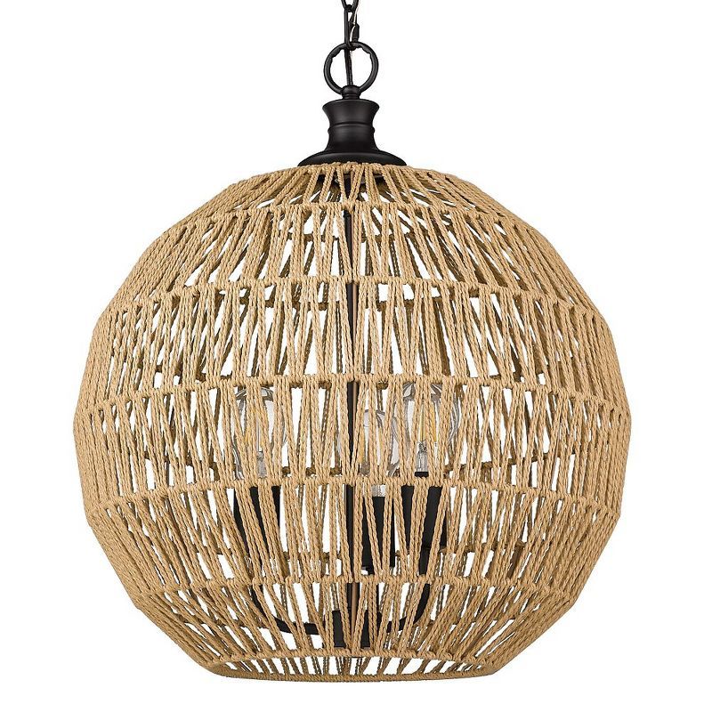 Matte Black Steel 3-Light Pendant with Natural Raphia Rope