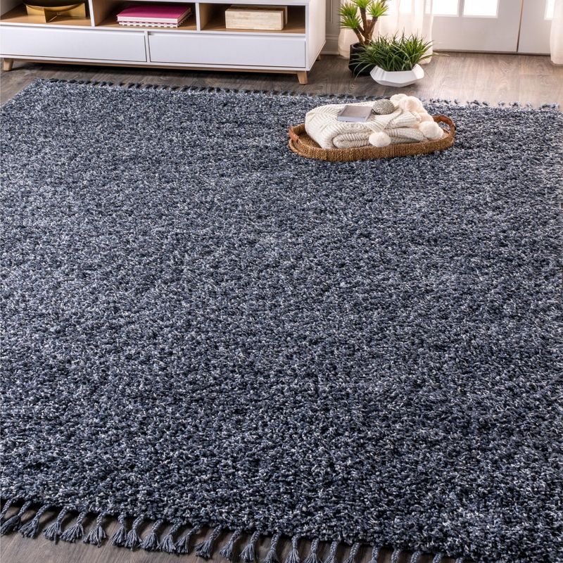 Denim Blue Rectangular Shag Area Rug with Tassels