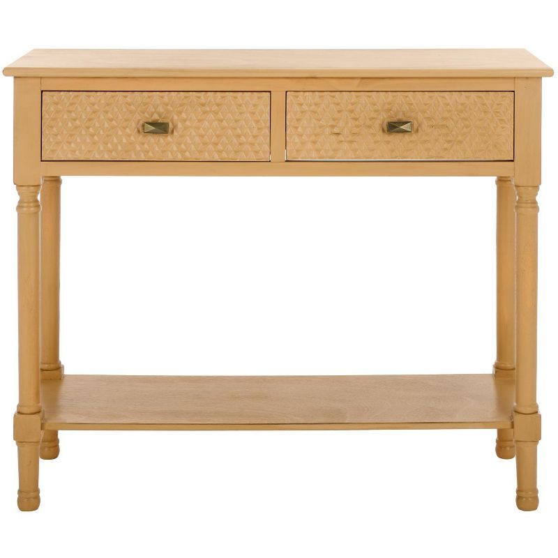 Camel Wood Console Table with Metal Drawer Pulls and Storage