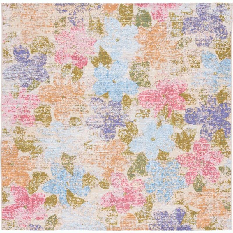 Summer Blue and Pink Square Synthetic Indoor-Outdoor Rug