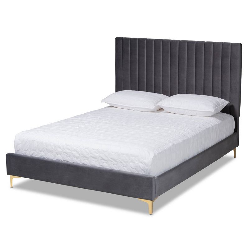 Serrano Blue Velvet Upholstered Queen Platform Bed with Gold Legs