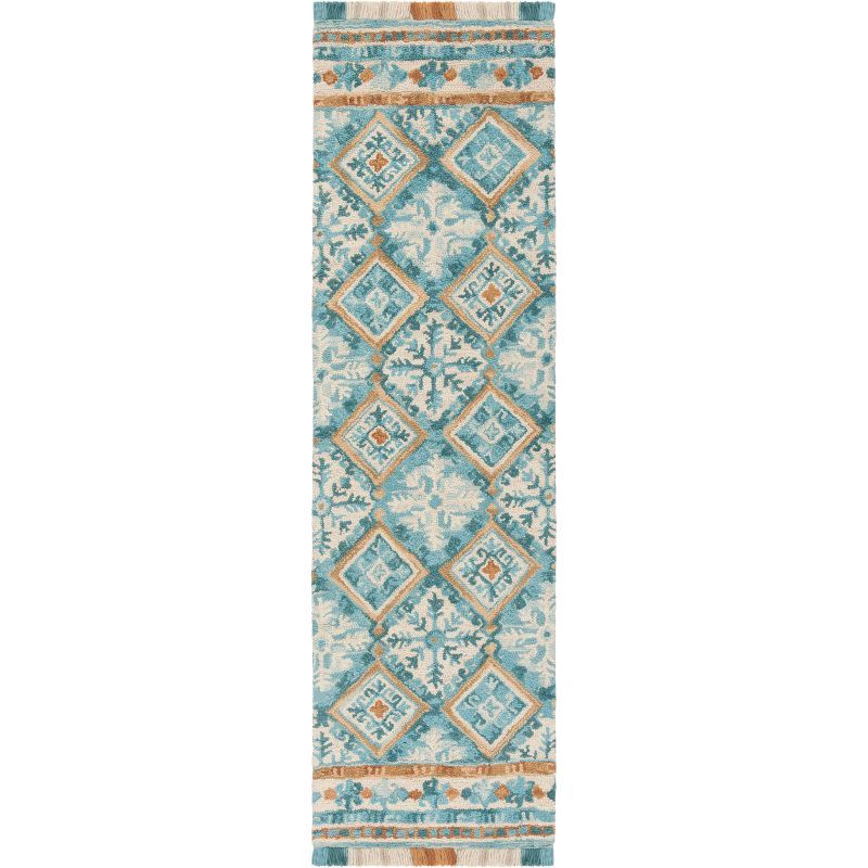 Ivory and Teal Floral Wool Tufted Runner Rug 2'3" x 8'