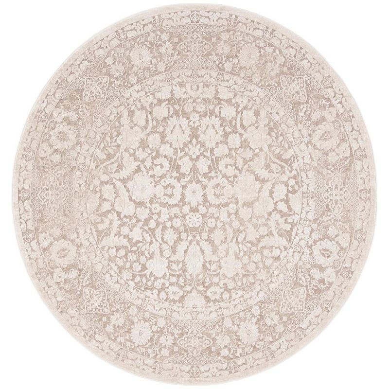 Beige and Cream Round Floral Synthetic Area Rug 6'7"