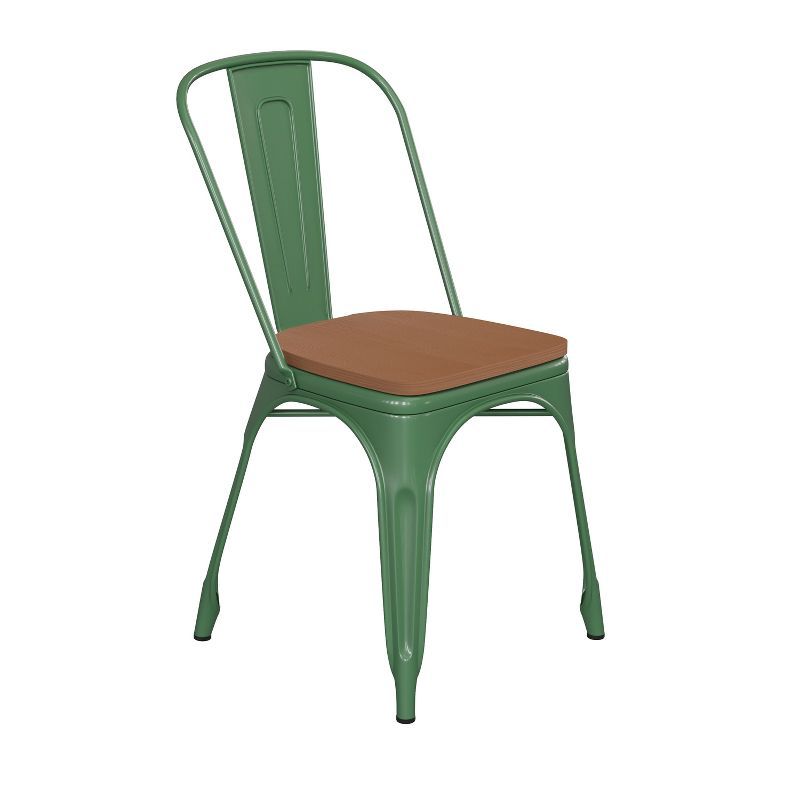 Green Metal Indoor-Outdoor Stackable Chair with Teak Seat