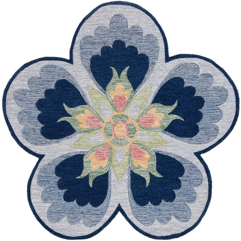 Blue and Gray Tufted Wool Floral Round Rug