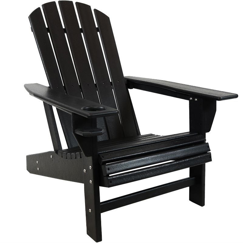 Black HDPE Outdoor Adirondack Chair with Cup Holder