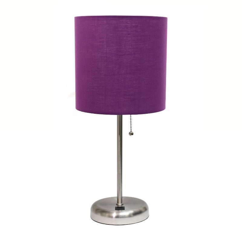 19.5" Brushed Steel Table Lamp with Purple Fabric Drum Shade