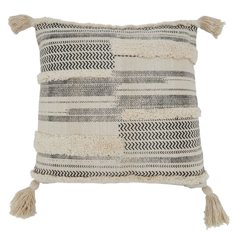 Natural Tufted Block Print Cotton Throw Pillow with Tassels