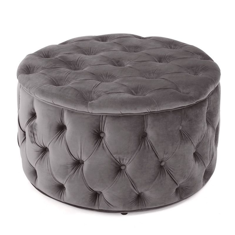 Gray Velvet Tufted Round Ottoman with Button Detailing