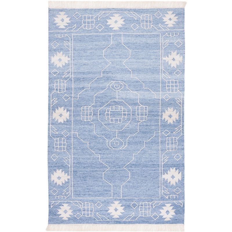 Blue and Ivory 8' x 10' Handwoven Wool Kilim Area Rug