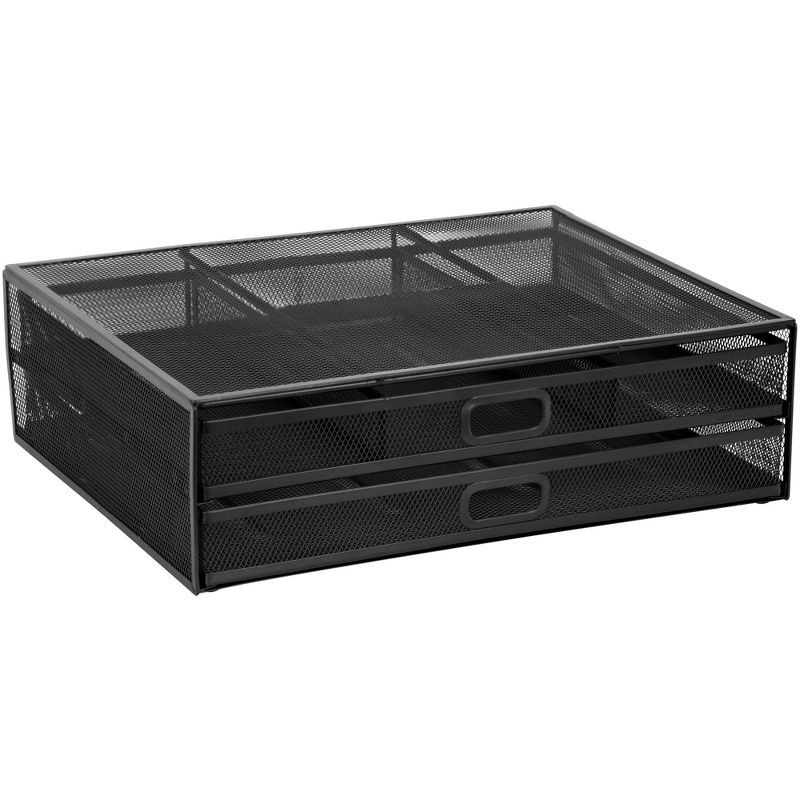 Black Metal Mesh Monitor Stand with Two Drawers